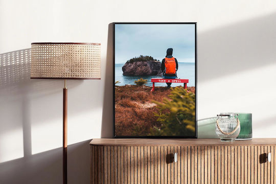 iLovePrints Πίνακες & Κάδρα Man Sitting On Bench By The Sea Άνδρας Που Κάθεται Στο Παγκάκι Δίπλα Στη Θάλασσα σε Καμβά