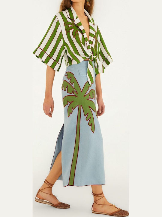 Λινή Maxi Φούστα Floral Blue