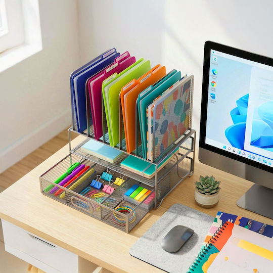 Relaxdays Desk Organizer 6 Compartments Painted Metal 36x35x24.5cm Silver