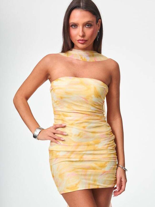 Mini Evening Strapless Dress with Tulle Yellow