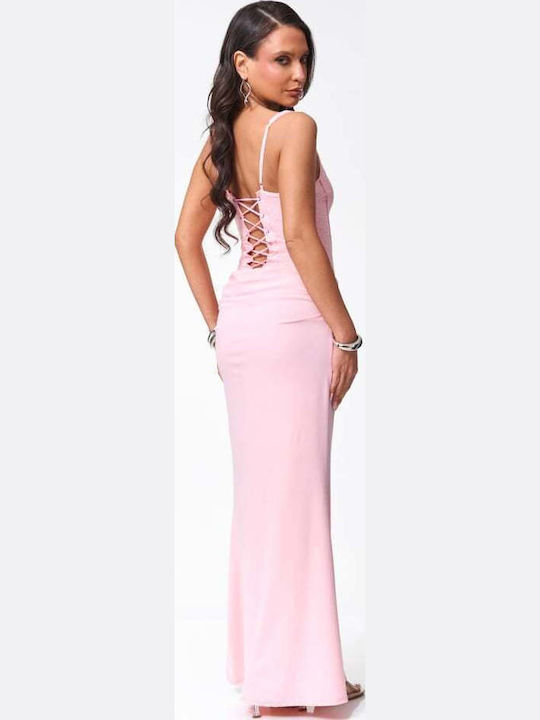 Summer Maxi Evening Dress with Lace Pink