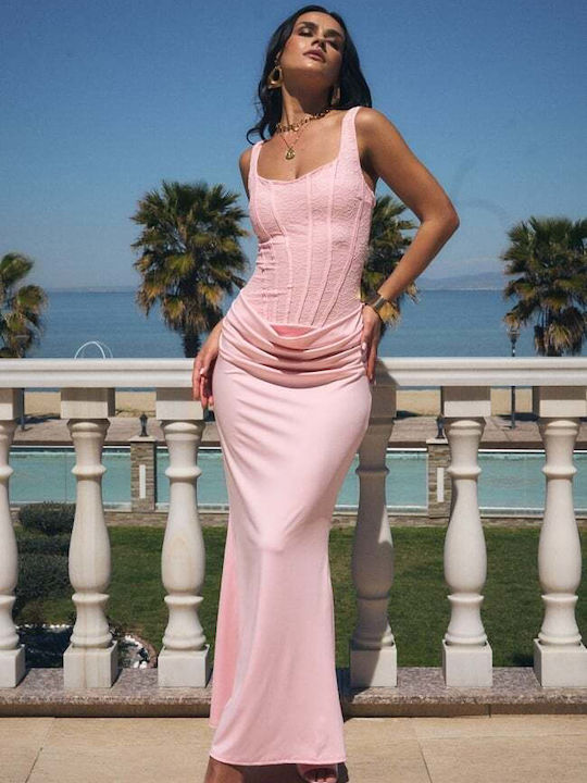 Summer Maxi Evening Dress with Lace Pink