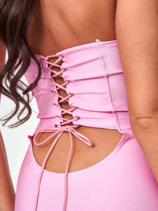Sommer Maxi Abendkleid Trägerlos mit Rüschen Rosa