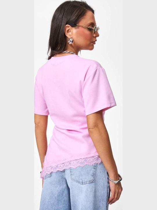Women's Blouse with Lace Pink