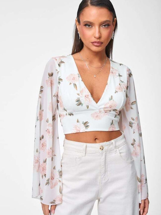 Women's Crop Top Floral Ecru