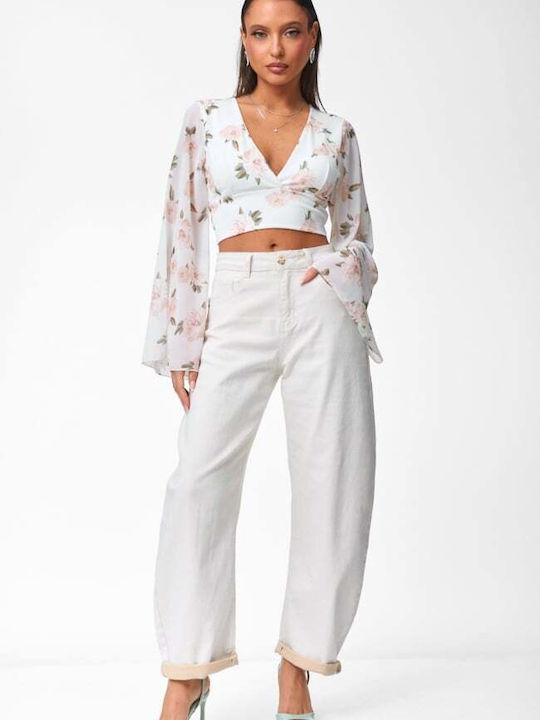 Women's Crop Top Floral Ecru
