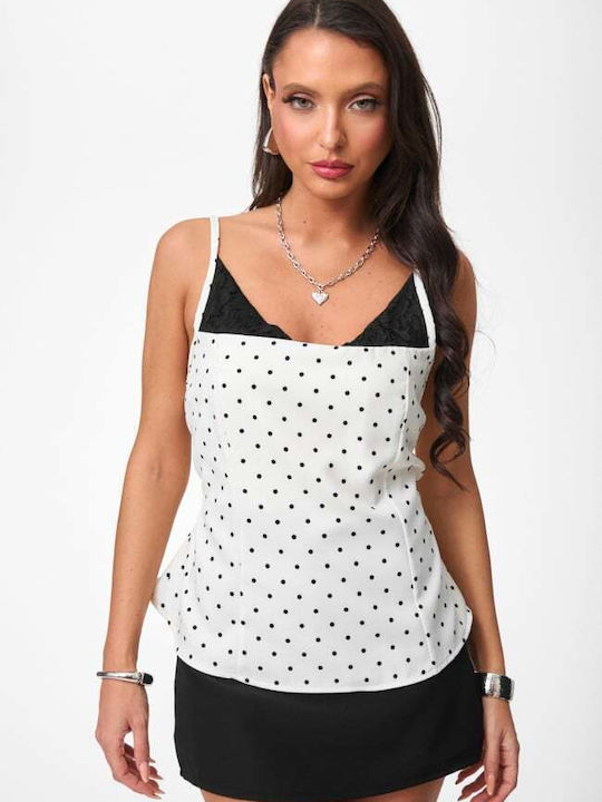 Women's Blouse with Lace Polka Dot White