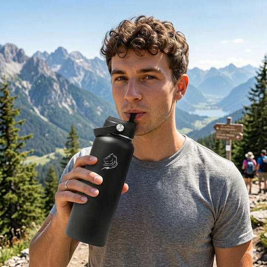 Cool'NMore Jet Thermos Stainless Steel BPA Free 1lt Jet Black with Straw, Handle, Mouthpiece and Loop