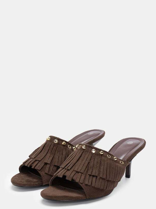Suede Mules with Heel in Brown Color