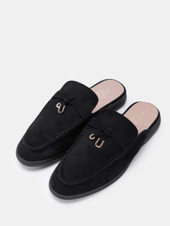Suede Mules με Τακούνι σε Μαύρο Χρώμα