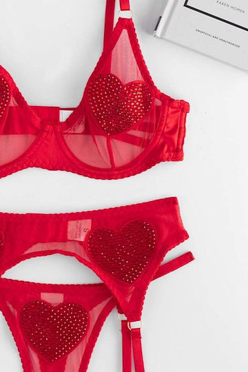 Set Εσώρουχα See Through Στρας & Ζαρτιέρες Κοκκινο
