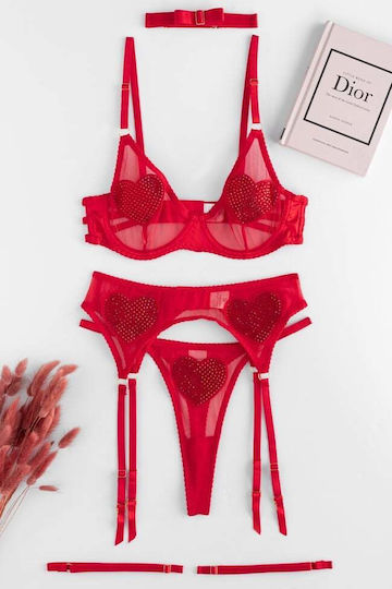 Set Εσώρουχα See Through Στρας & Ζαρτιέρες Κοκκινο