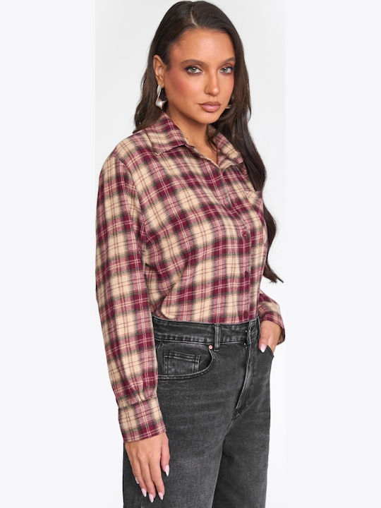 Long Sleeve Women's Shirt Burgundy Checked