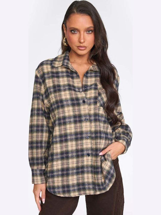 Long Sleeve Women's Shirt Navy Blue Checked