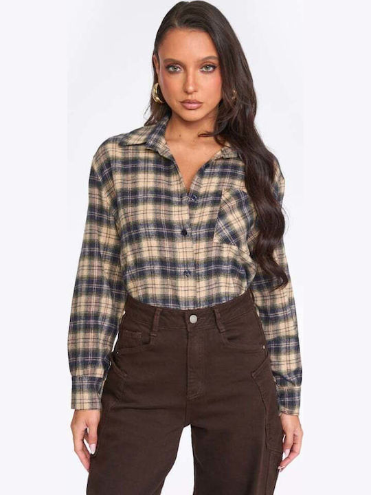 Long Sleeve Women's Shirt Navy Blue Checked