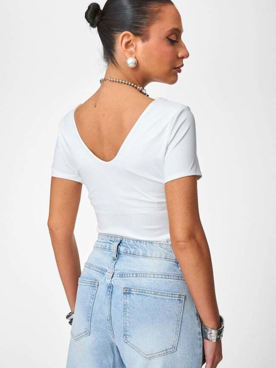 Deep Neckline White Women's Bodysuit