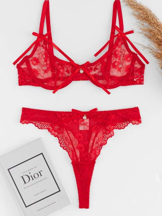 Decoro Lace Women's Underwear Set with Red Slip