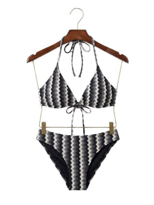 Set Bikini Τριγωνάκι Ριγέ Λευκο-γκρι-μαυρο