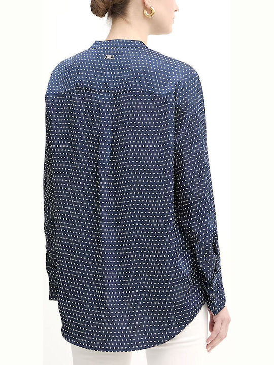 Long Sleeve Women's Shirt Dark Blue Polka Dot
