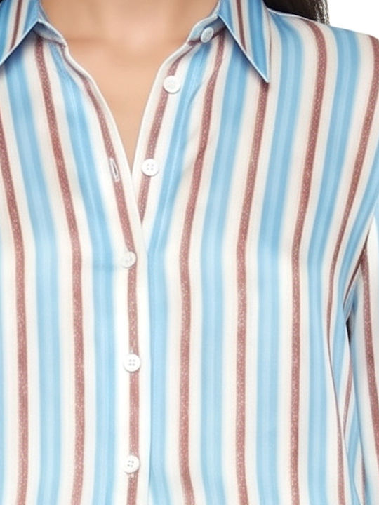 Shirt Μακρυμάνικο Γυναικείο Σατέν Πουκάμισο Καφε- Μπεζ- Σιελ Ριγέ