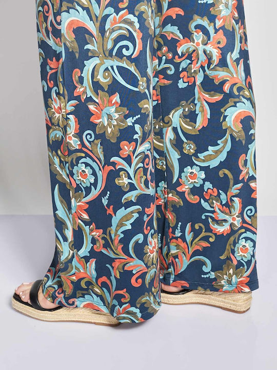 Pantaloni Largi Dama Cu Cauciuc Model Floral Albastru