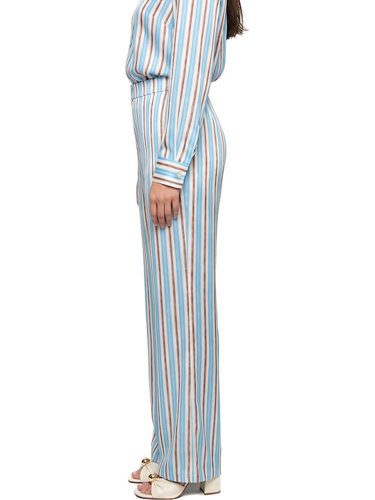 Pants Women Twenty-29 Γυναικείο Ψηλόμεσο Σατέν Παντελόνι με Λάστιχο σε Ίσια Γραμμή Ριγέ Καφε- Μπεζ- Σιελ