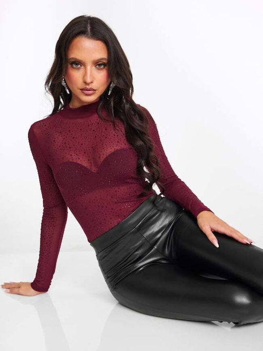 Decoro Women's Bodysuit See Through with Rhinestones Burgundy Decoro Women's Bodysuit See Through with Rhinestones Burgundy