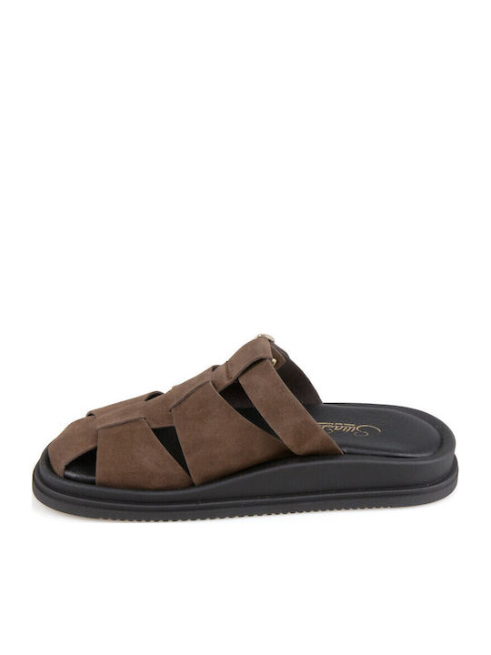 Leather Mules With Heel In Brown Colour