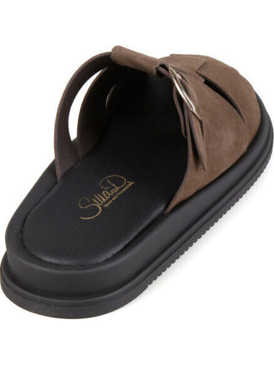 Leather Mules With Heel In Brown Colour