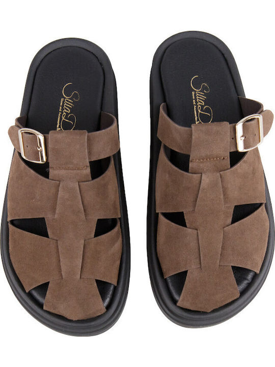Leather Mules With Heel In Brown Colour