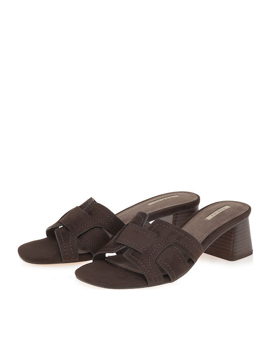Suede Mules με Τακούνι σε Καφέ Χρώμα