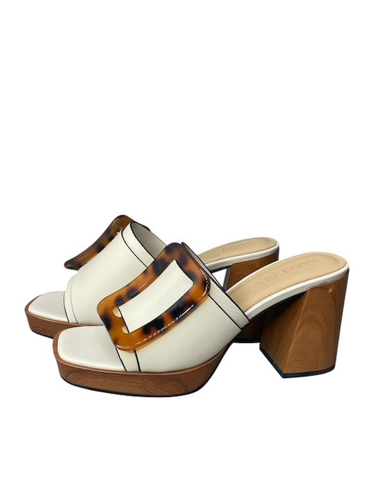 Mules With Chunky Heel In Ecru Colour GY-08485-555-2