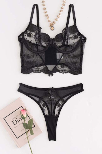 Set Underwear Corset See Through Bandeau Black