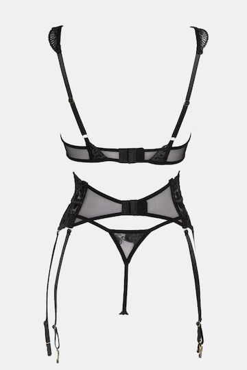 Set Lenjerie Sexy Cu Dantelă, Balene Și Jartiere Negre