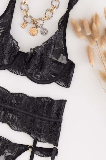 Set Lenjerie Sexy Cu Dantelă, Balene Și Jartiere Negre