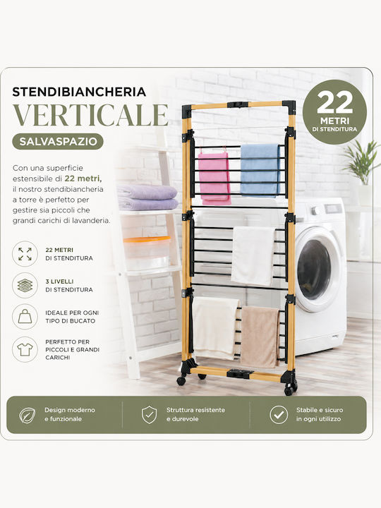 Bakaji Folding Vertical Clothes Drying Rack 3 Levels 69x136x69 cm Wheels 02002248