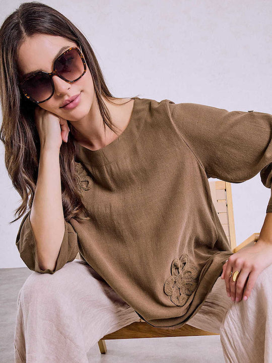 Celestino Bluza Damă Asimetrică Croșetată Floral Loose Fit Maro