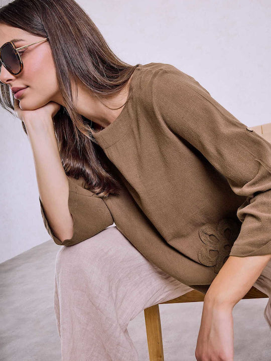 Celestino Bluza Damă Asimetrică Croșetată Floral Loose Fit Maro