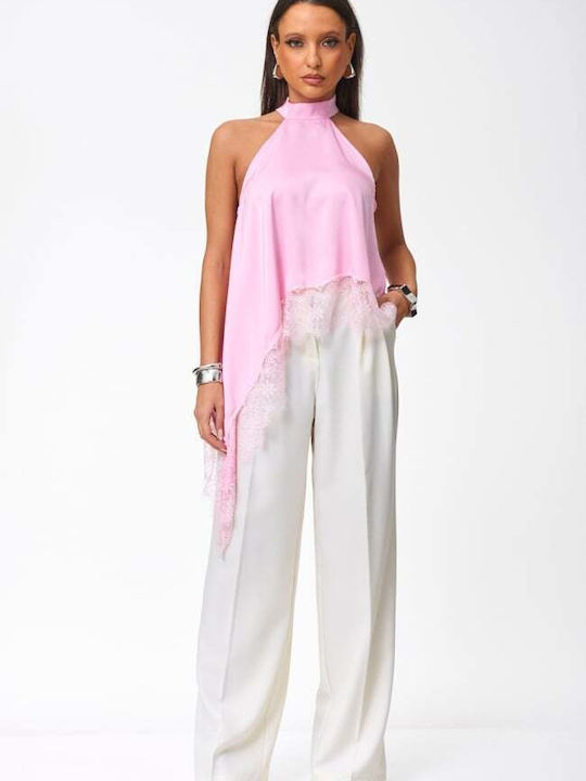 Damenbluse Satin Ärmellos Mit Bindung am Ausschnitt Rosa