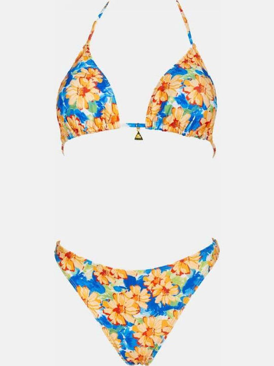 Set Bikini 3 Pieces Triangle Floral Blue