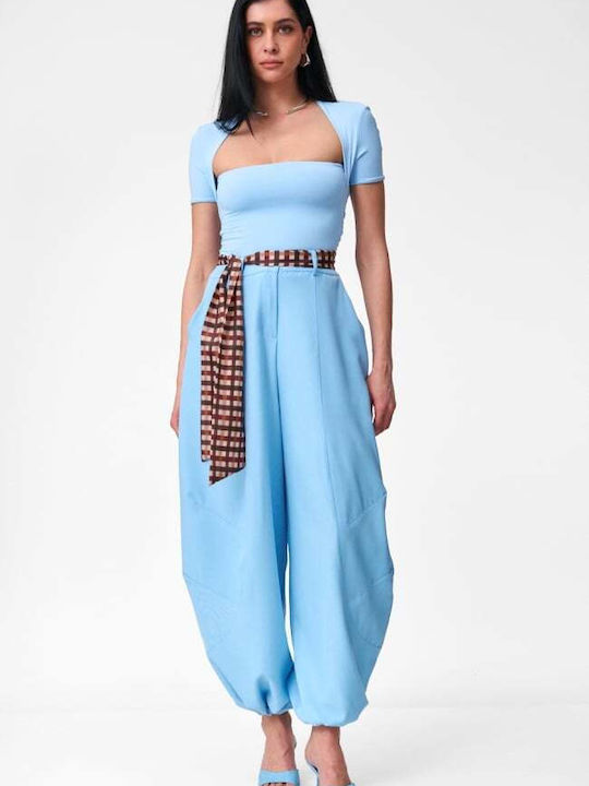 Damen Stoffhose mit Gummiband in Balloon Bein Stil Hellblau