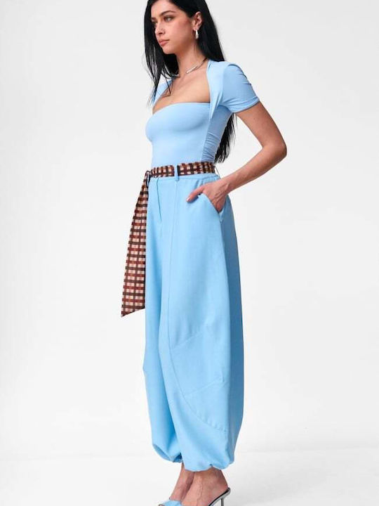 Damen Stoffhose mit Gummiband in Balloon Bein Stil Hellblau