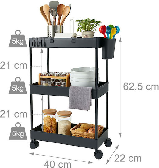 Relaxdays Troleu De Bucătărie Metalic Cu 3 Locuri Negru 40x22x62.5cm
