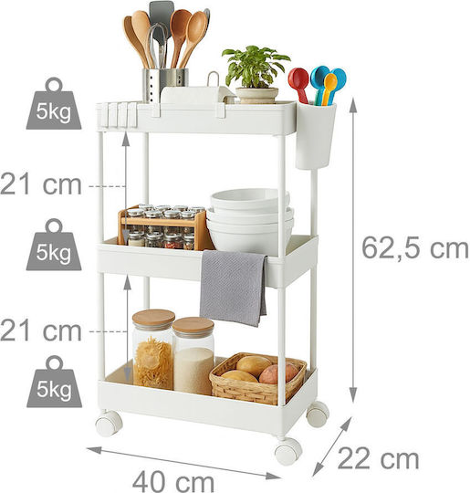 Relaxdays Τρόλεϊ Κουζίνας Πλαστικό 3 Θέσεων Λευκό 40x22x62.5cm