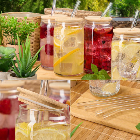 Relaxdays Σετ Ποτήρια Καφέ/Freddo από Bamboo σε Καφέ Χρώμα με Καλαμάκι 4τμχ