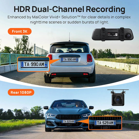70Mai S500 Комплект Огледало с Камера DVR за Автомобил 1944P със Дисплей 9.35" Wi-Fi и Задна Камера