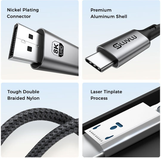 Luvlu Geflochtenes Video Kabel USB Typ-C Männlich - DisplayPort Schwarz 2m