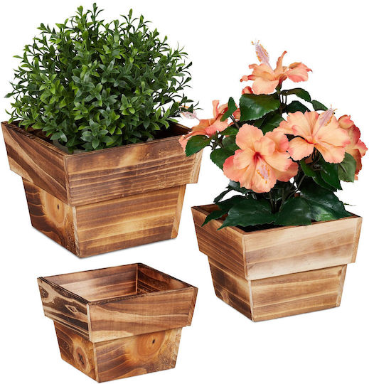 Relaxdays Set 3 Ghivece De Flori Din Lemn Natural