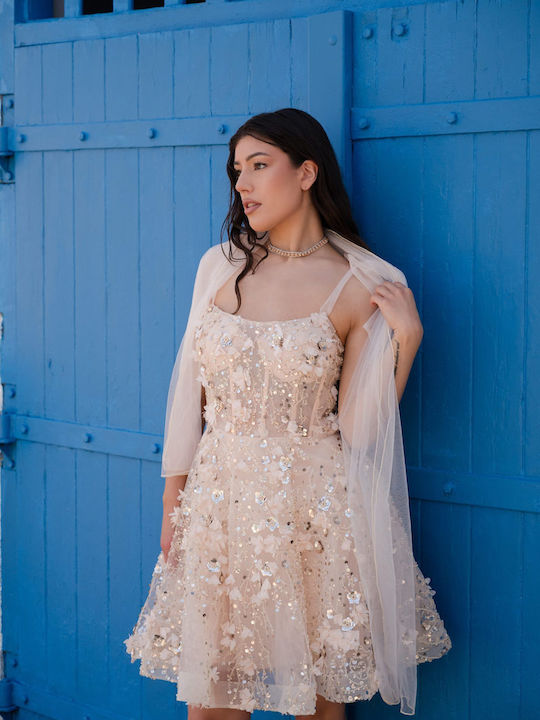 Mini Evening Dress with Tulle and Mesh Beige