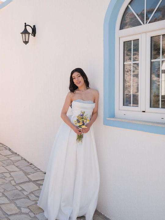 Καλοκαιρινό Maxi Φόρεμα για Γάμο / Βάπτιση Strapless Σατέν Λευκό